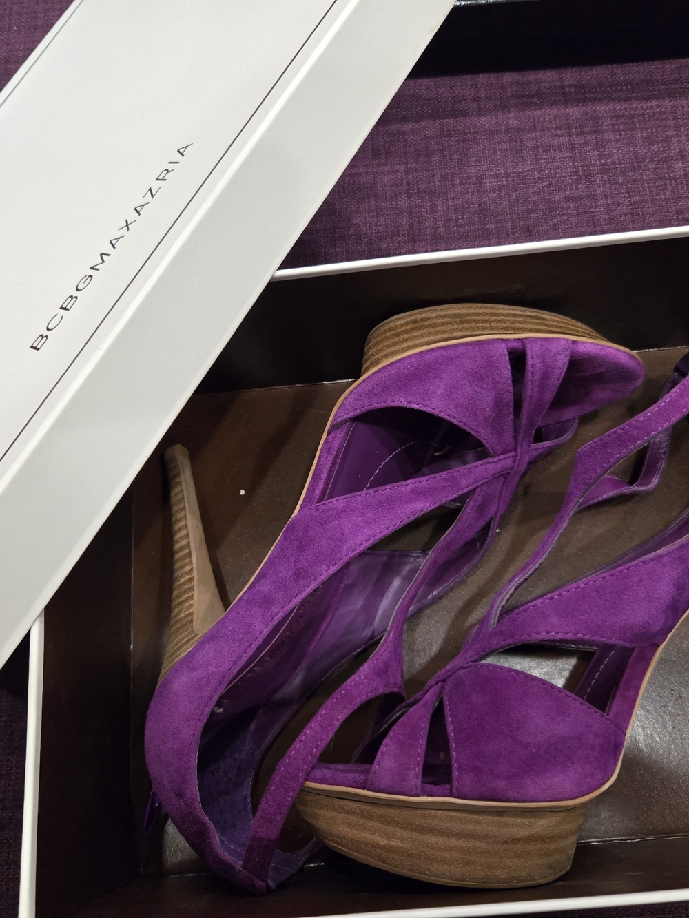 BCBGMaxAzria Purple Suede Strappy Platform Heels